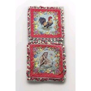 Vintage Monkey Rooster Y2K Needlepoint Pillow Case Set of Two 19" x 19" Floral